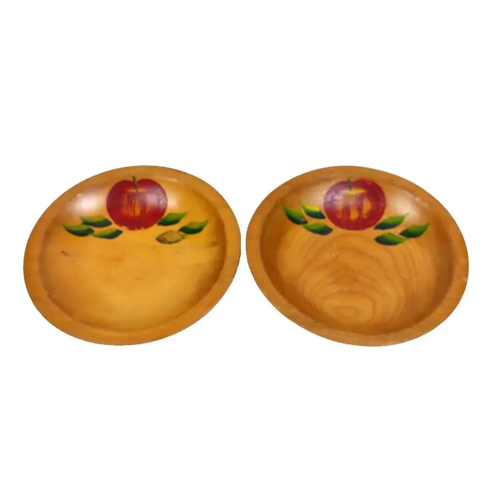 2 Vintage Hand Painted Solid Wood Salad Bowls Bowls Apple Leaf Design Signed 7